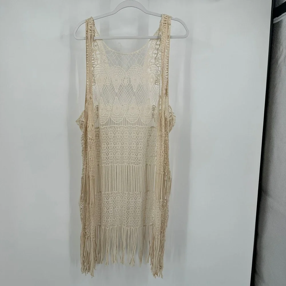 Fairy Boho Women Crochet Fringe Vest Size M Duster Sheer Festival Layering Cream
